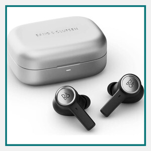 Black Bang & Olufsen wireless earbuds with a silver charging case, shown against a white background with a teal border.