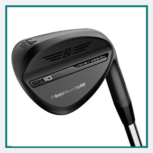 Titleist Vokey Design® SM10 Jet Black Wedge with a Bristol Myers Squibb logo on the clubhead, shown against a white background with a teal border.