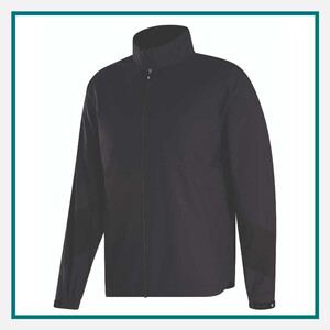 Black full-zip performance jacket with a stand collar and long sleeves, shown against a white background with a teal border.