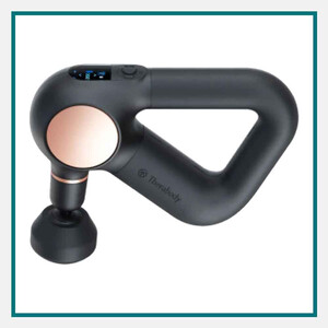 Black Therabody handheld massage gun with a triangular grip, digital control display, and rose gold accent, featured among the best luxury corporate gifts for executives.