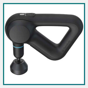 Black Therabody handheld massage gun with a triangular ergonomic grip, blue accent ring, and compact massage attachment, shown against a white background with a teal border.