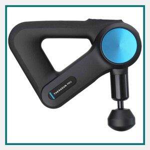 Black Theragun Pro massage gun with a triangular ergonomic handle and blue accent detail, featured among the best luxury corporate gifts for executives.