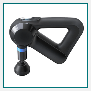 Black Theragun massage gun with a triangular ergonomic grip, blue accent ring, and digital control display, shown against a white background with a teal border.