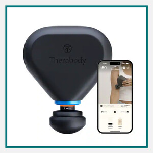 Black Therabody handheld massage device with app-guided recovery shown on a smartphone, featured among the best luxury corporate gifts for executives.