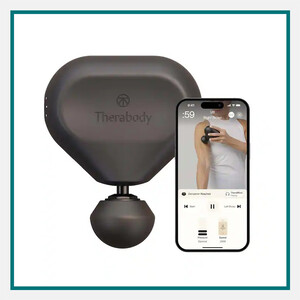 Black Therabody handheld massage device with a smartphone showing app-guided muscle recovery, displayed against a white background with a teal border.