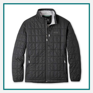 Black STIO quilted full-zip jacket with a stand collar, chest pocket, and side zipper pockets, shown against a white background with a teal border.