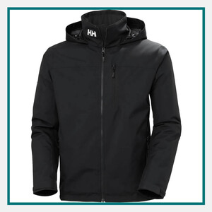Black Helly Hansen hooded full-zip jacket with a stand collar, chest zipper pocket, and adjustable cuffs, shown against a white background with a teal border.