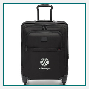 Black TUMI™ Corporate Collection Continental Carry On suitcase with a telescopic handle, front zipper compartments, and spinner wheels, displayed against a white background with a teal border.