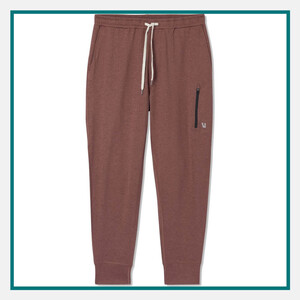 Brown Vuori jogger pants with a drawstring waist, cuffed ankles, and a zippered side pocket, shown against a white background with a teal border.