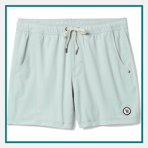 Light blue Vuori shorts with an elastic drawstring waist, side pockets, and a small logo near the hem, shown against a white background with a teal border.