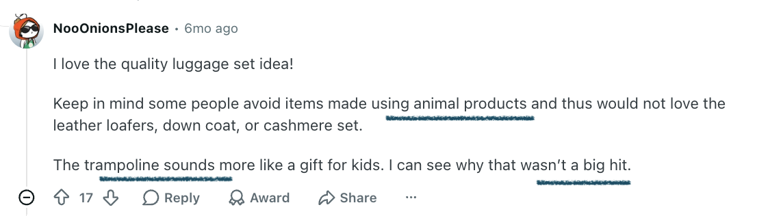 Reddit comment discussing luxury corporate gift ideas.