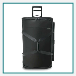 Black rolling travel bag with a telescopic handle, front compression straps, zippered compartments, and soft-sided luggage design, shown against a white background with a teal border.
