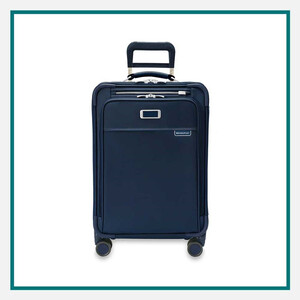 Navy blue rolling carry-on suitcase with front zipper pocket, telescopic handle, and spinner wheels, presented as one of the best luxury corporate gifts for executives.