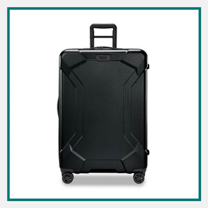 Black hard-shell rolling suitcase with a telescopic handle, geometric front panel design, and four spinner wheels, displayed against a white background with a teal border.