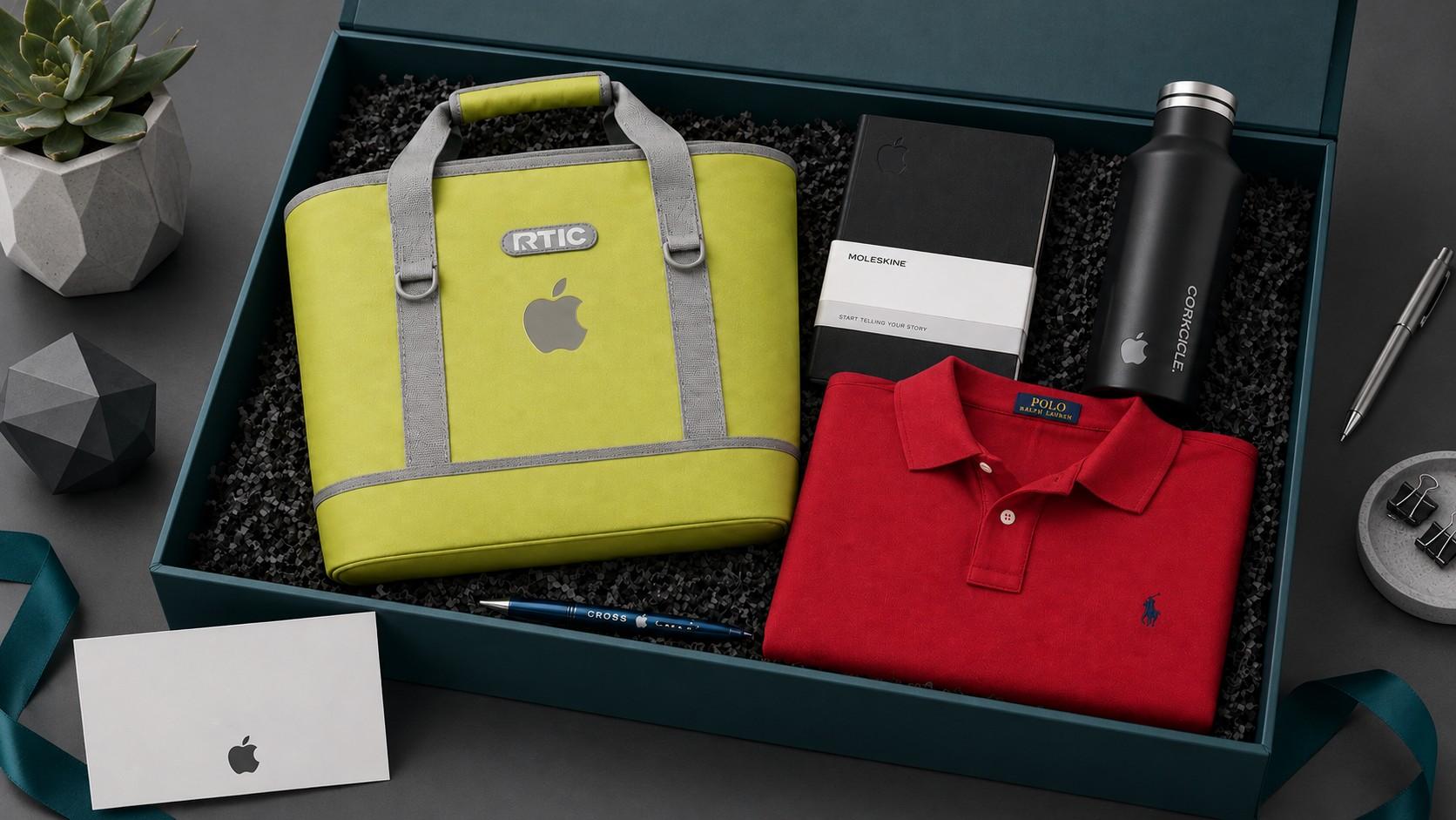 employee welcome kits image featuring an Apple branded marketing team gift set with RTIC cooler bag, Moleskine notebook, Cross pen, Corkcicle bottle, and red polo shirt arranged in a pink gift box.