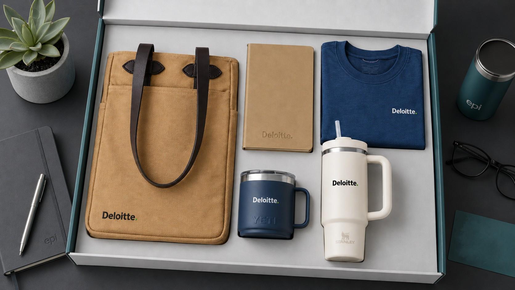 employee welcome kits image featuring an HR team gift set with a branded tote bag, notebook, blue YETI mug, white Stanley tumbler, and folded apparel arranged in a beige gift box.