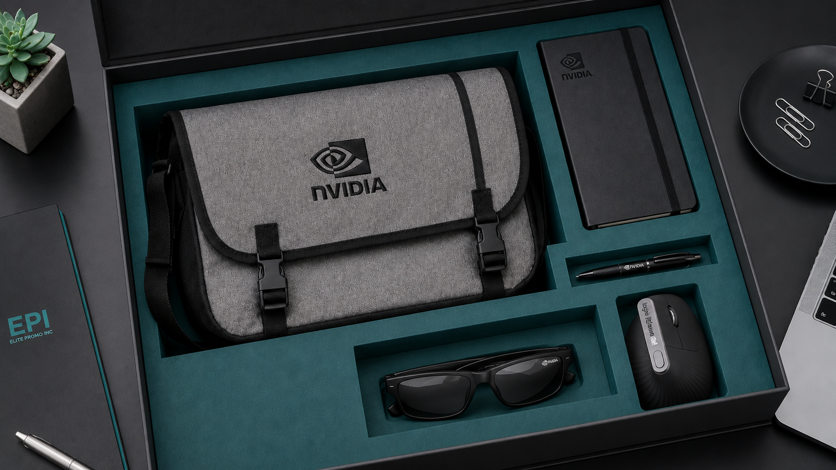 Best employee welcome kits image featuring an NVIDIA branded finance team gift set with a grey messenger bag, a black notebook, pen, sunglasses, and ergonomic mouse in a premium gift box.
