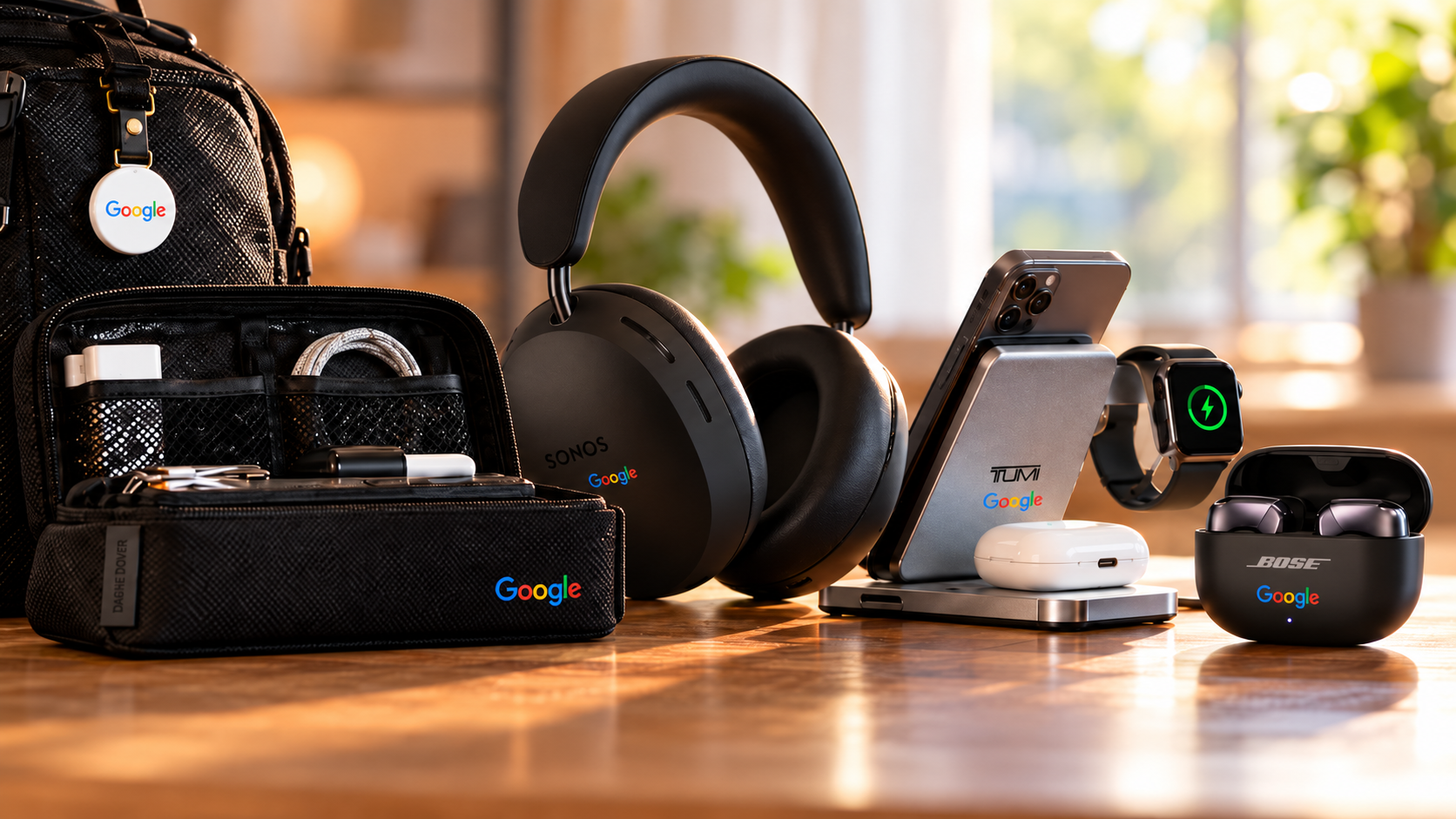 Best remote employee gifts featuring black Sonos Ace headphones, a silver TUMI 3 in 1 Foldable Magnetic Wireless Charger, an Apple AirTag, black Bose Ultra Open Earbuds, and a black Dagne Dover Arlo Tech Organizer, co branded with the Google logo and arranged on a wooden desk.
