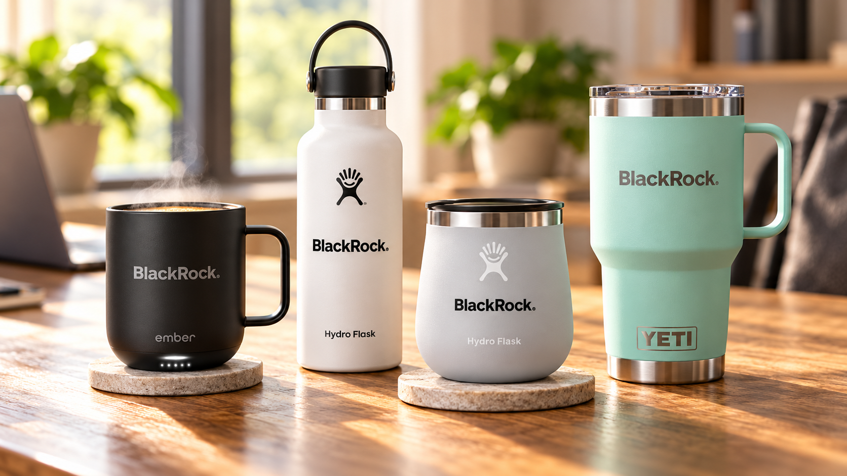 Best remote employee gifts featuring a black Ember 10 oz Smart Coffee Mug, a white Hydro Flask 21 oz Standard Mouth Bottle, a white Hydro Flask 10 oz Ceramic Wine Tumbler, and a mint YETI 30 oz Rambler Travel Mug, co branded with the BlackRock logo and displayed on a wooden desk in a bright home workspace.