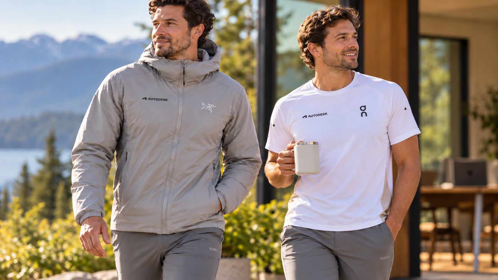 Two men wearing Autodesk co-branded Arc'teryx and On apparel with Vuori pants in an outdoor setting.