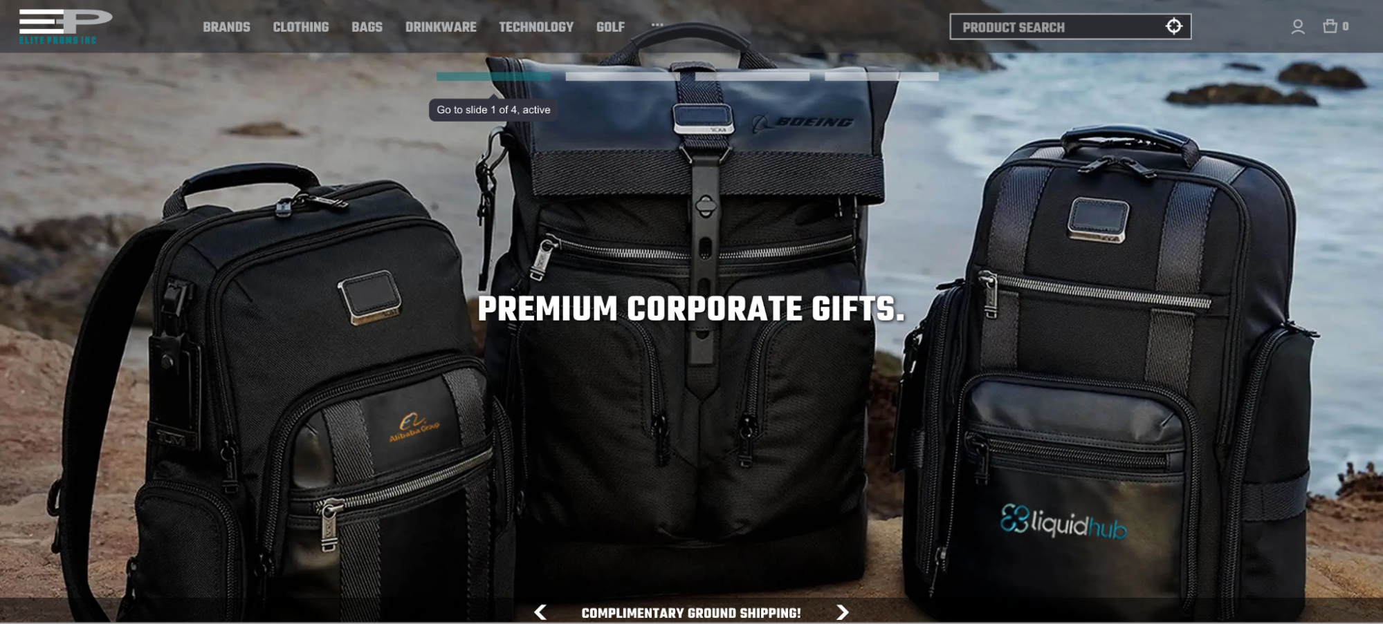 Best remote employee gifts shown on the EPI website, featuring three black TUMI backpacks customized with Boeing, Alibaba Group, and LiquidHub company logos as examples of premium corporate bags.