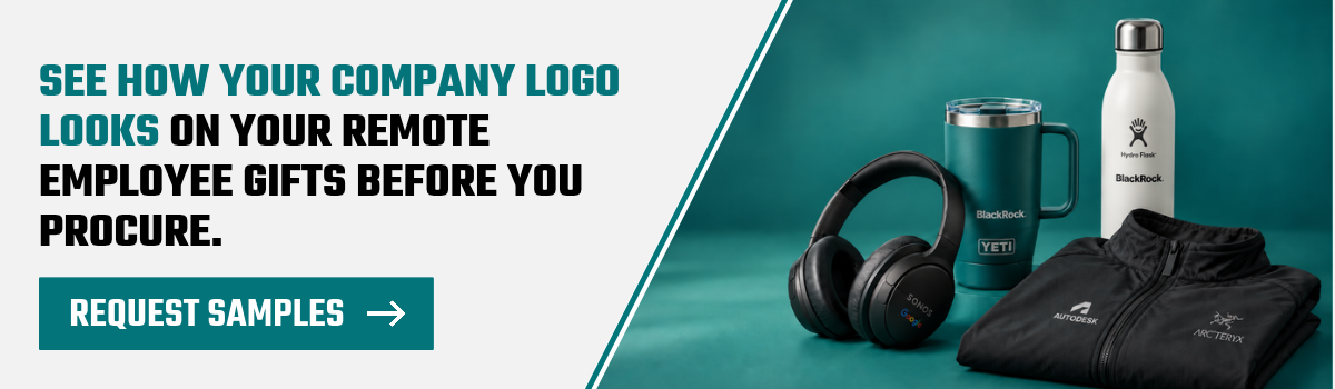 Best remote employee gifts featuring black Sonos headphones with a Google logo, a teal YETI travel mug and white Hydro Flask bottle with BlackRock logos, and a black Arc’teryx jacket with an Autodesk logo, displayed against a teal and white background in a corporate gifting sample request banner.