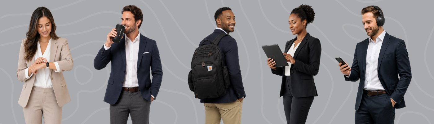 Four sales reps, one wearing a Fitbit watch, one holding a custom logo tumbler, one carrying a Carhartt Foundry bagpack, and one wearing Bose QuietComfort Ultra Noise Canceling Headphones against a gray patterned background.