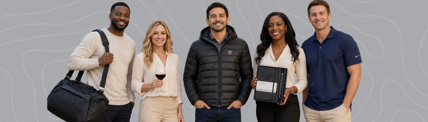 Five diverse sales professionals stand side by side at a weekend retreat, showcasing the best sales incentive gift items, including a duffel bag, wine glass, branded jacket, notebook and pen set, and navy polo shirt against a gray patterned background.