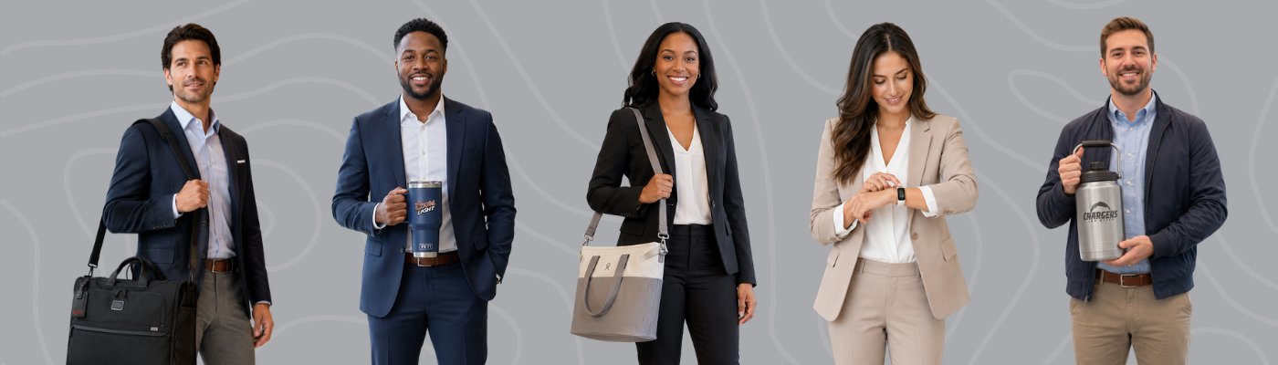 Five sales professionals showcasing sales incentive gifts, including a shoulder work bag, branded travel mug, tote bag, and smartwatch. They are standing against a grey, patterned background.