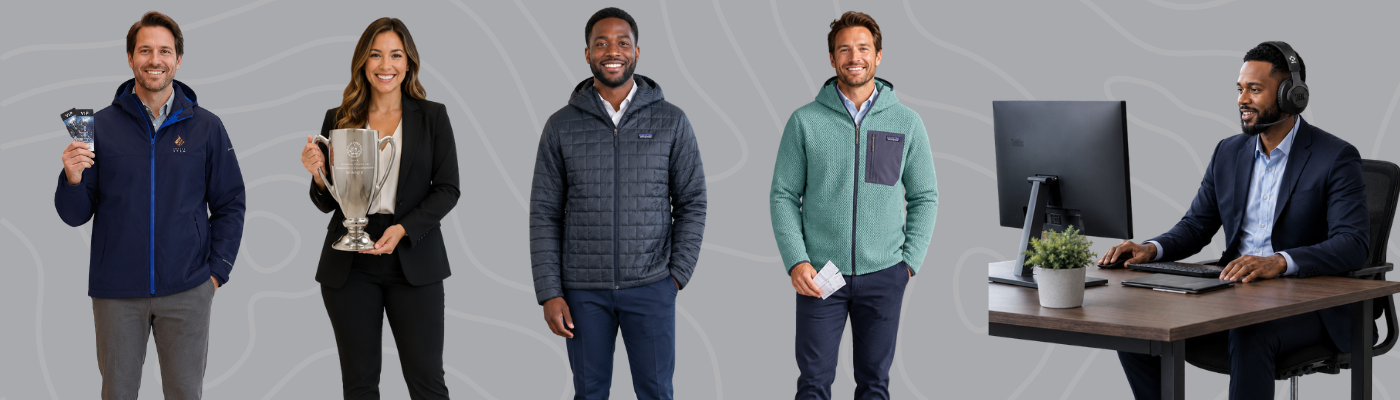 Sales professionals showcase leaderboard competition incentive rewards, including VIP tickets, a trophy, branded jackets, and a headset for sales calls, against a gray patterned background.