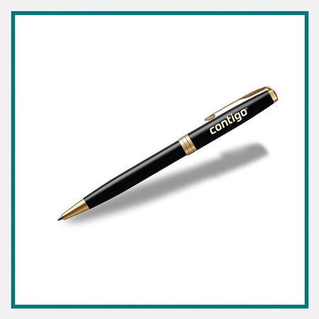 Custom trade show giveaways co-branded pen with sleek design and engraved company logo.
