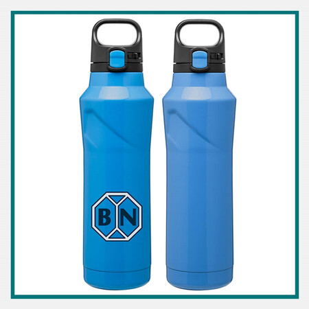 Stainless steel water bottle with sleek design and branded logo.