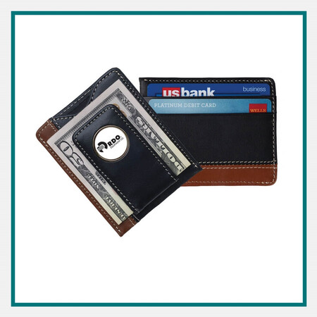  Leather magnetic wallet with money clip and embossed logo, designed for premium trade show giveaways.