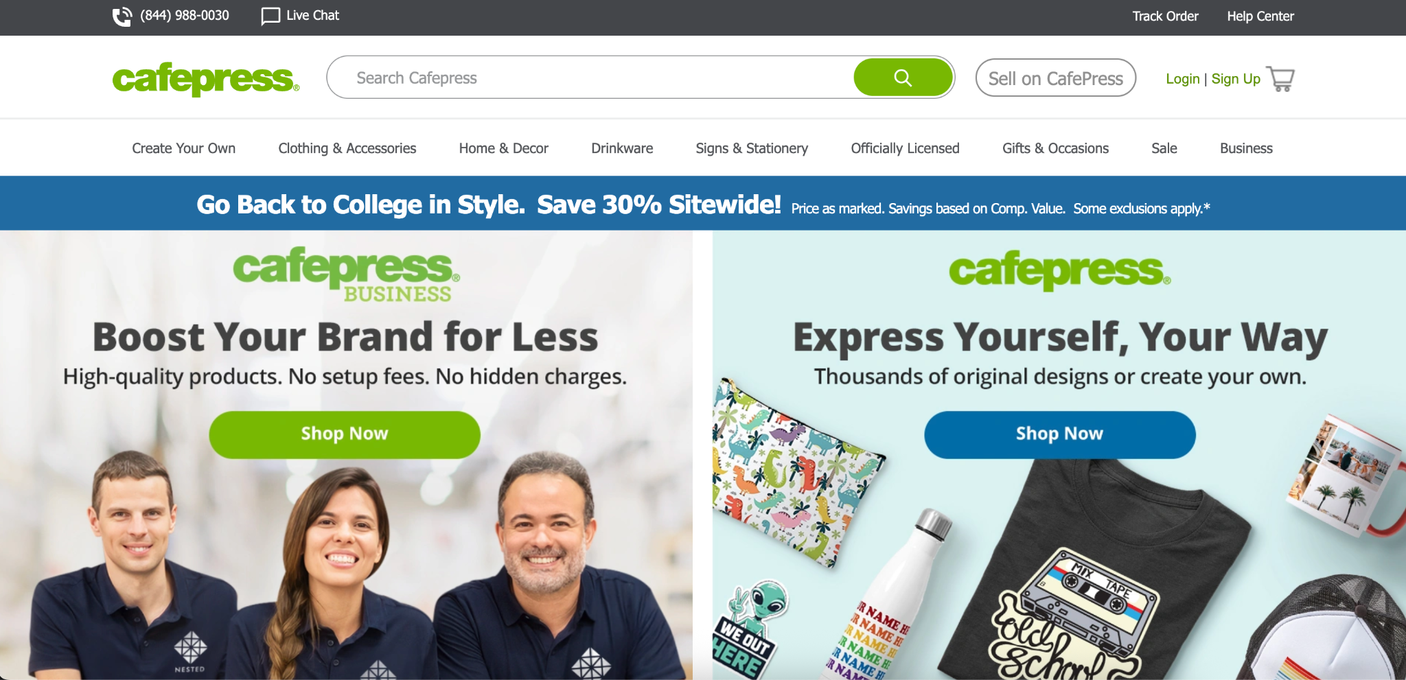 hero section of Cafe Press's website, one of the best corporate apparel companies in 2025