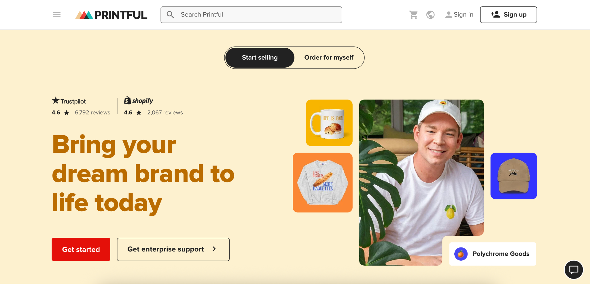 Hero section of Printful's website