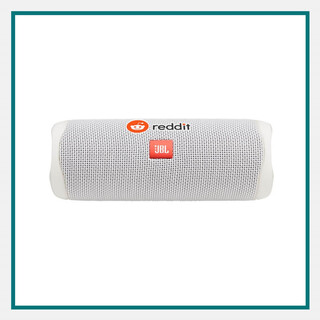 Custom white JBL® Flip 5 Waterproof Bluetooth® Speaker featuring the Reddit logo—perfect for premium corporate gifts for employees.