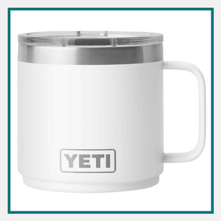 White YETI® Rambler 14 oz. Stackable Mug with MagSlider Lid, featuring direct print logo—an ideal choice for premium corporate gifts for employees.