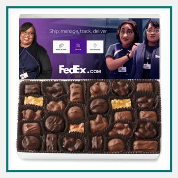 Box of assorted chocolate nuts and chews from See’s Candies with FedEx-branded packaging featuring staff illustrations.