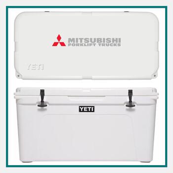 Large white YETI Tundra 110 cooler with custom Mitsubishi Forklift Trucks branding, perfect for outdoor-themed corporate gifts for clients.