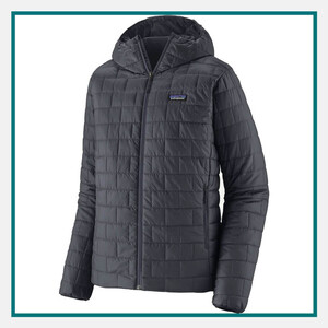 Patagonia Men's Nano Puff Hoody in dark grey with quilted insulation, full-zip front, attached hood, and Patagonia logo on the chest.