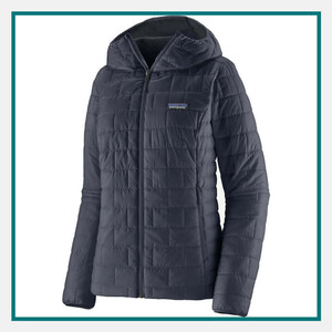 Patagonia Ladies' Nano Puff Hoody in dark navy with quilted insulation, full-zip front, attached hood, and Patagonia logo on the chest.