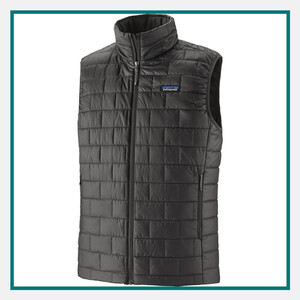 Patagonia Men's Nano Puff Vest in black with quilted insulation, full-zip front, zippered pockets, and Patagonia logo on the chest.