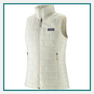 Patagonia Ladies' Nano Puff Vest in white with quilted insulation, full-zip front, zippered pockets, and Patagonia logo on the chest.