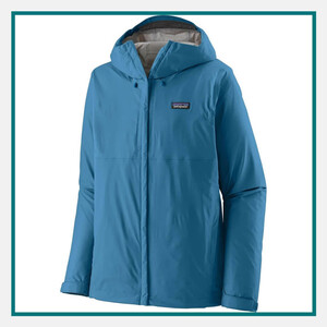 Patagonia Men's Torrentshell 3L Jacket in blue with an attached hood, full-zip front, and Patagonia logo on the chest.