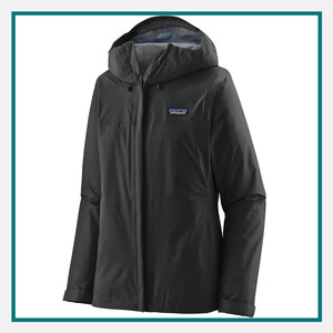 Patagonia Ladies' Torrentshell 3L Jacket in black with an attached hood, full-zip front, and Patagonia logo on the chest.