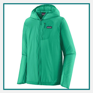 Patagonia Men's Houdini Jacket in bright green with an attached hood, full-zip front, chest pocket, and Patagonia logo on the chest.