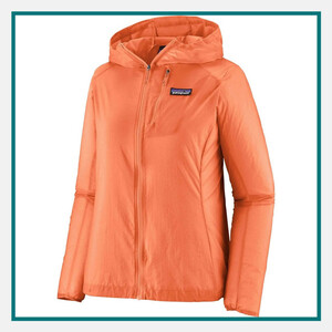 Patagonia Ladies' Houdini Jacket in orange with an attached hood, full-zip front, chest pocket, and Patagonia logo on the chest.