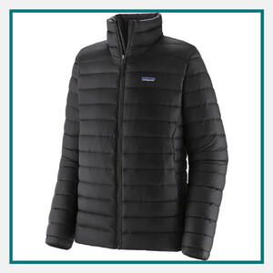 Patagonia Men's Down Sweater Jacket in black with lightweight quilted insulation, full-zip front, and Patagonia logo on the chest.