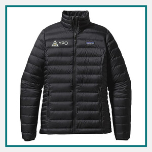Patagonia Ladies' Down Sweater Jacket in black with lightweight quilted insulation, full-zip front, zippered pockets, and an embroidered YPO logo on the chest.