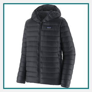 Patagonia Men's Down Sweater Hoody in black with lightweight quilted insulation, full-zip front, attached hood, and Patagonia logo on the chest.